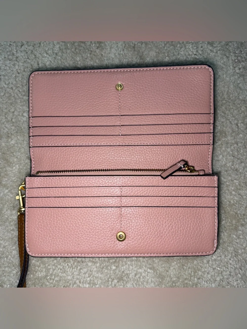 Tory Burch Blake Slim Cortado Brown pink Leather Wallet Card Gold Logo Wristlet